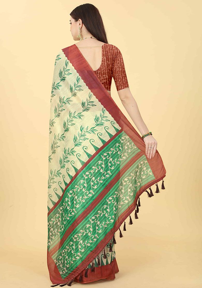 Beige Floral Print Cotton Blend Saree Set - Indya