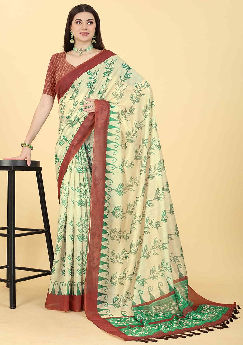 Beige Floral Print Cotton Blend Saree Set - Indya