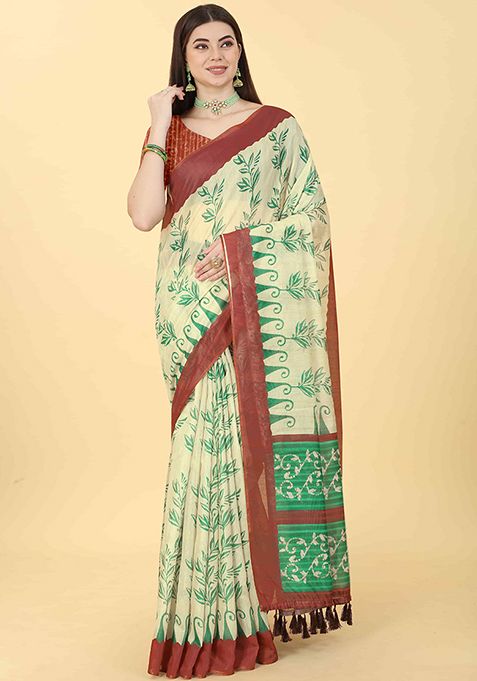 Beige Floral Print Cotton Blend Saree Set