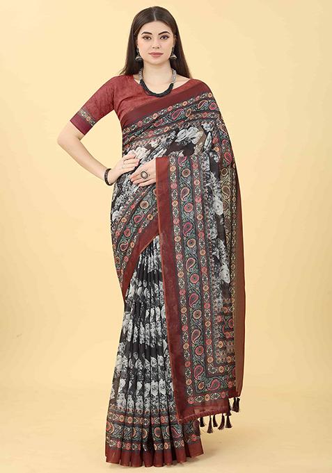 Multicolor Floral Print Cotton Blend Saree Set