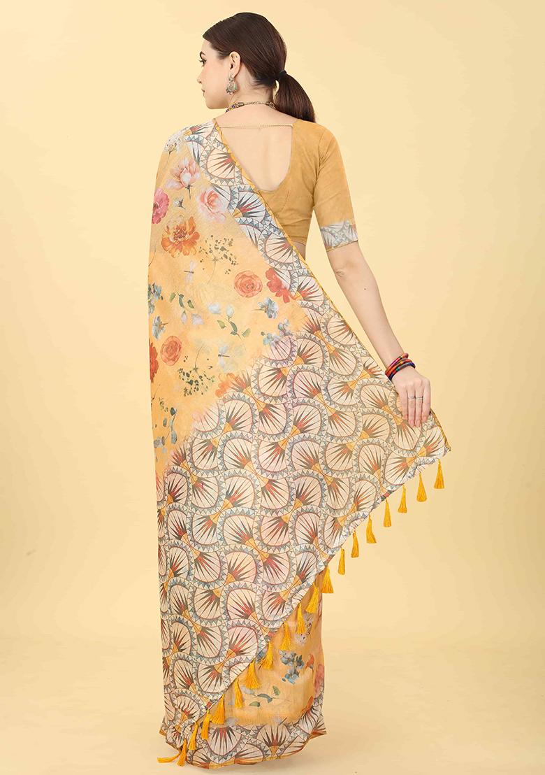 Peach Floral Print Cotton Blend Saree Set