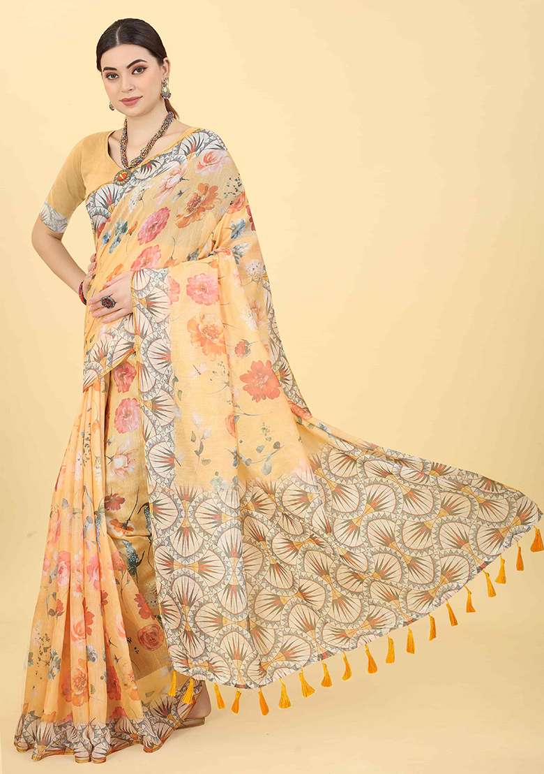 Peach Floral Print Cotton Blend Saree Set - Indya