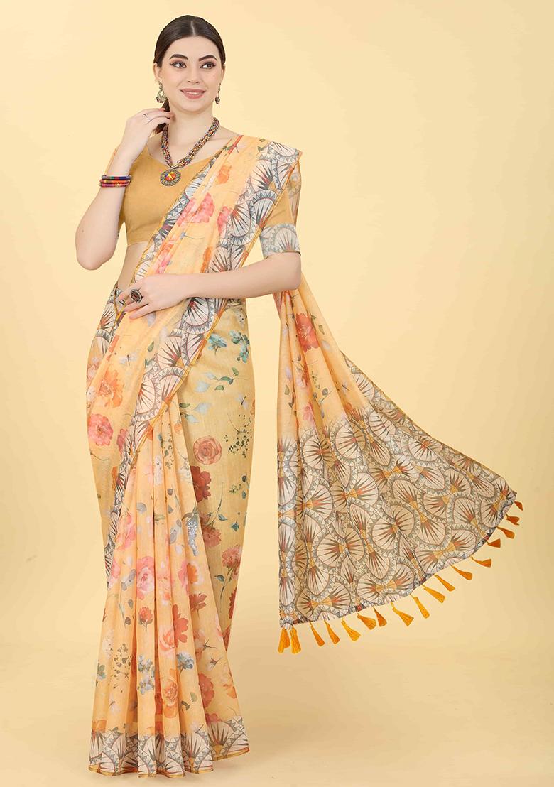 Peach Floral Print Cotton Blend Saree Set