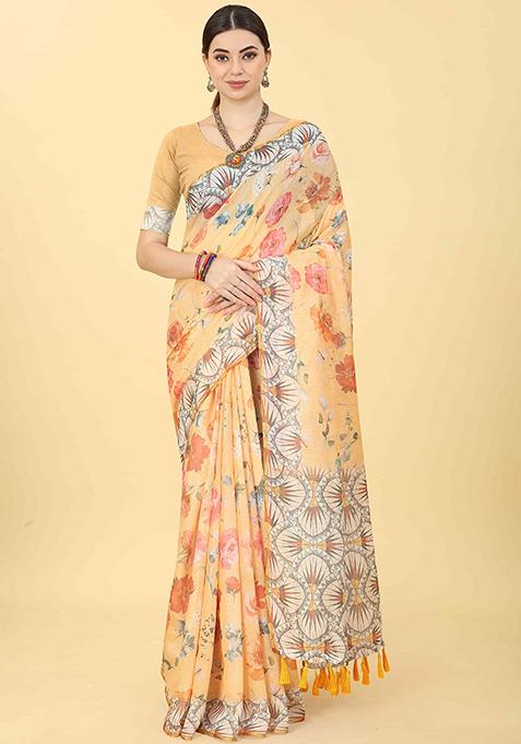 Peach Floral Print Cotton Blend Saree Set