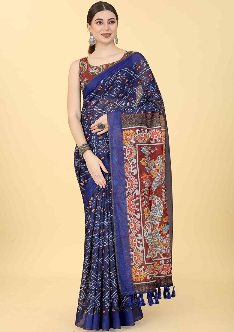 Blue Kalamkari Digital Print Cotton Blend Saree Set