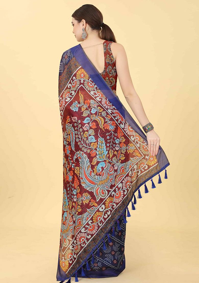 Blue Kalamkari Digital Print Cotton Blend Saree Set