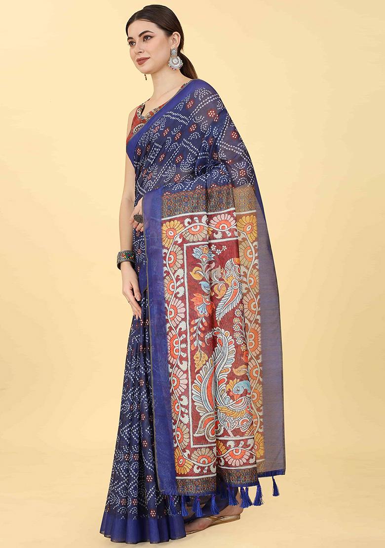 Blue Kalamkari Digital Print Cotton Blend Saree Set
