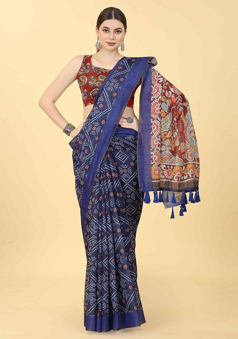 Blue Kalamkari Digital Print Cotton Blend Saree Set