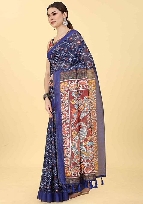 Blue Kalamkari Digital Print Cotton Blend Saree Set