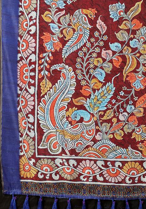 Blue Kalamkari Digital Print Cotton Blend Saree Set
