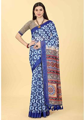Cobalt Blue Kalamkari Digital Print Cotton Blend Saree Set