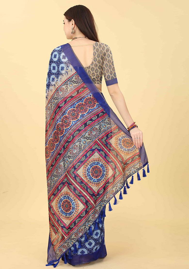 Cobalt Blue Kalamkari Digital Print Cotton Blend Saree Set - Indya