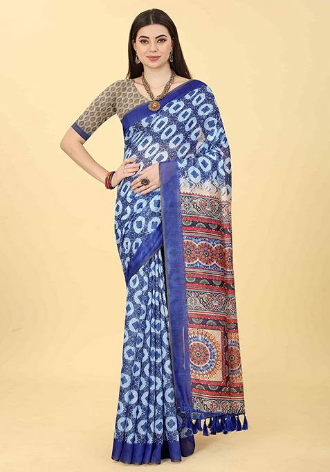 Cobalt Blue Kalamkari Digital Print Cotton Blend Saree Set
