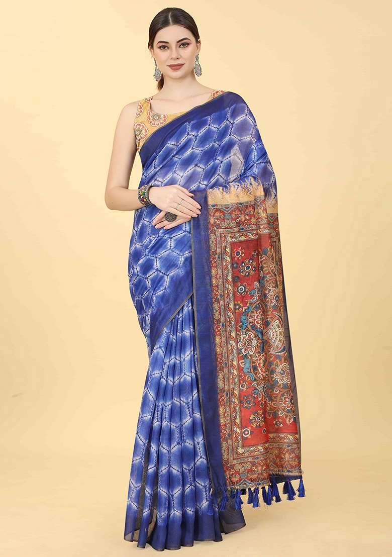 Azure Blue Digital Kalamkari Print Cotton Blend Saree Set - Indya