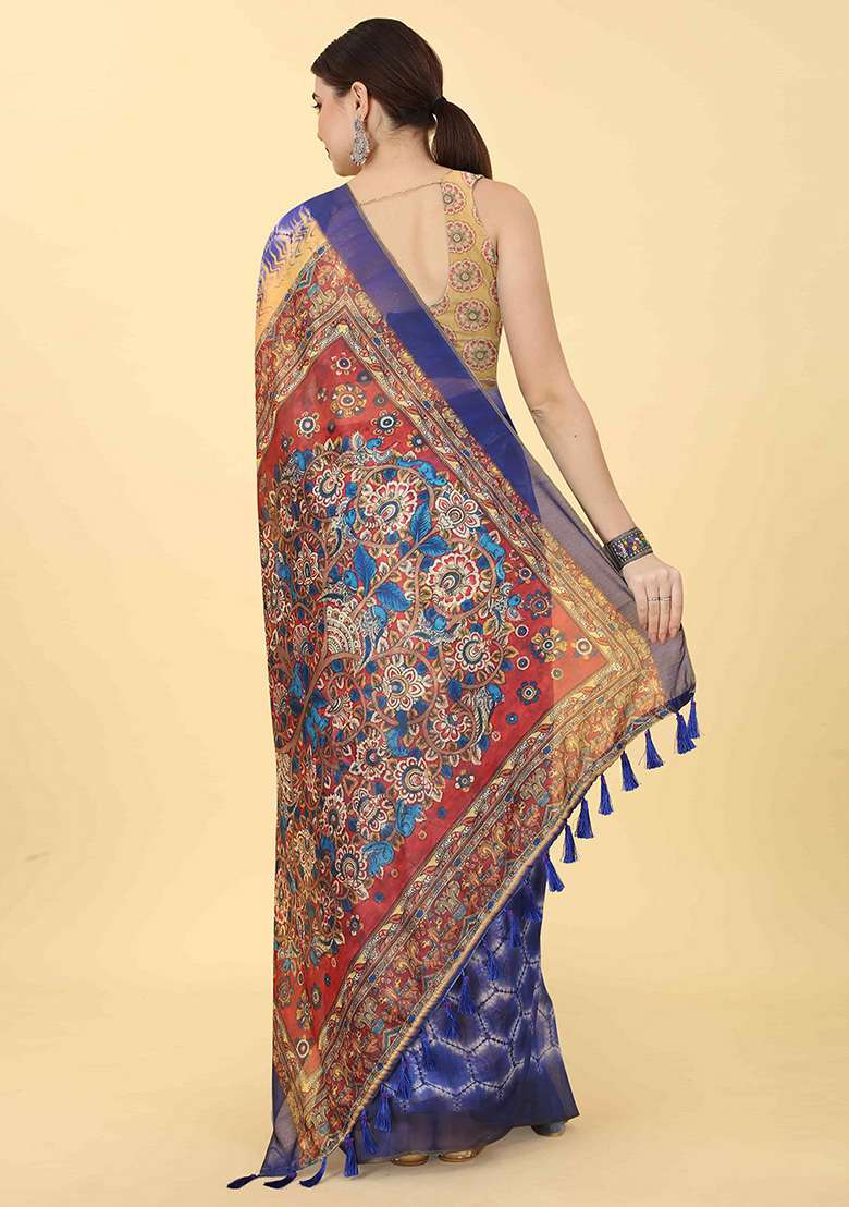 Azure Blue Digital Kalamkari Print Cotton Blend Saree Set - Indya