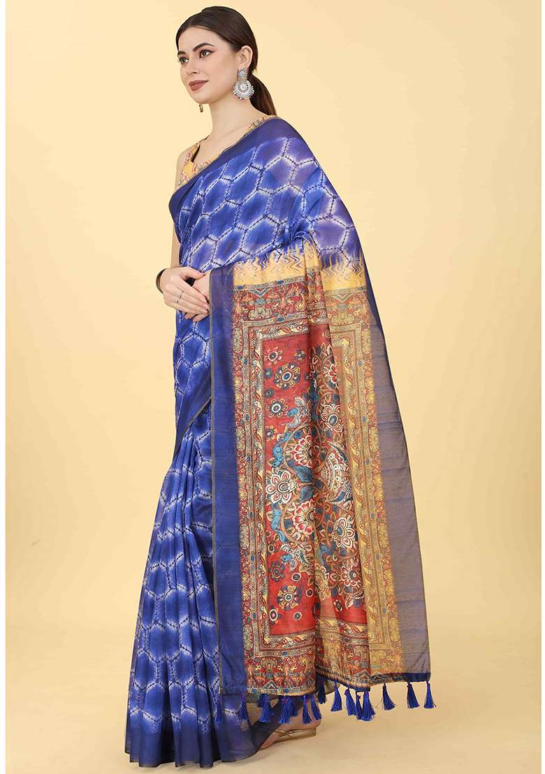 Azure Blue Digital Kalamkari Print Cotton Blend Saree Set - Indya