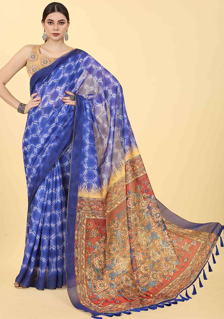 Azure Blue Digital Kalamkari Print Cotton Blend Saree Set - Indya