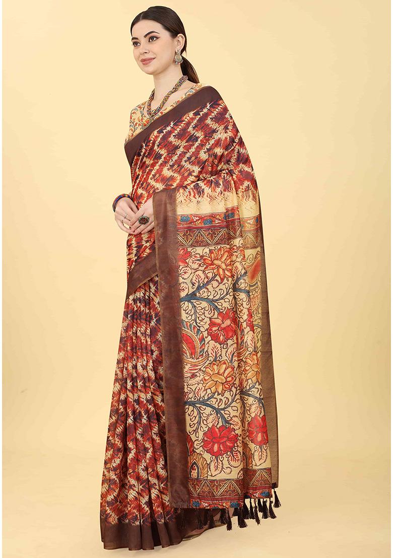 Brown Beige Digital Kalamkari Print Cotton Blend Saree Set
