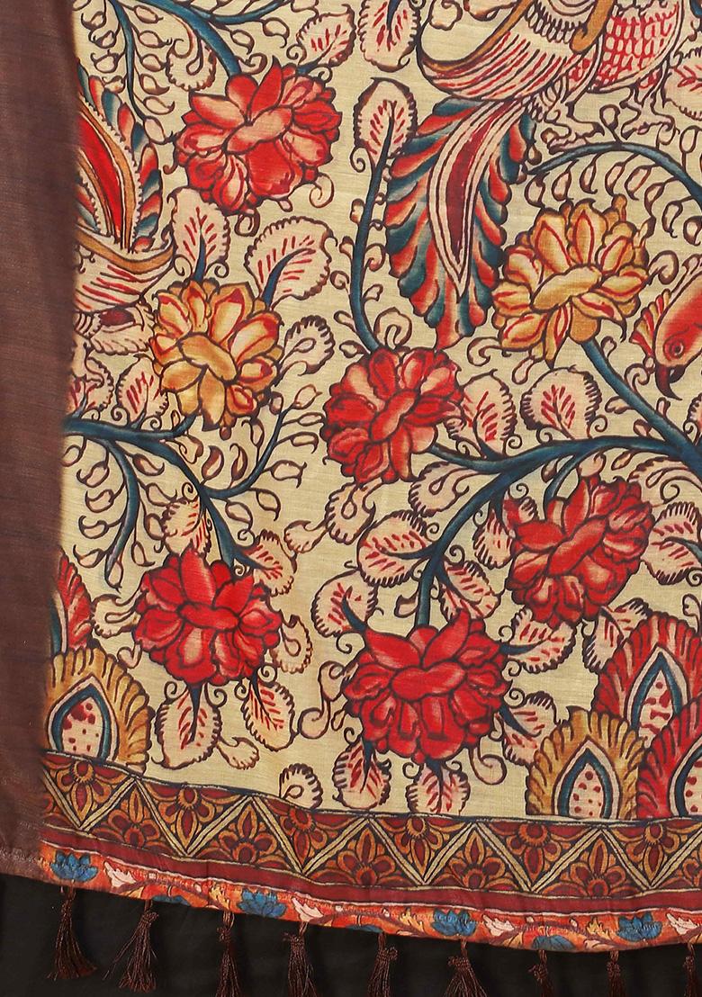 Brown Beige Digital Kalamkari Print Cotton Blend Saree Set