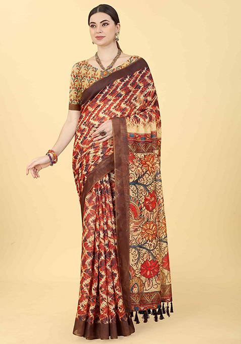 Brown Beige Digital Kalamkari Print Cotton Blend Saree Set