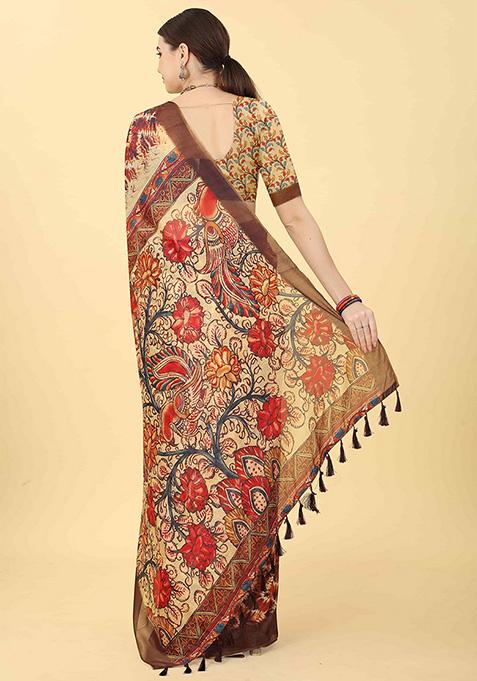 Brown Beige Digital Kalamkari Print Cotton Blend Saree Set