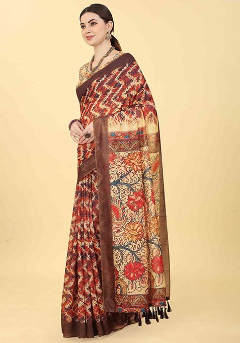 Brown Beige Digital Kalamkari Print Cotton Blend Saree Set