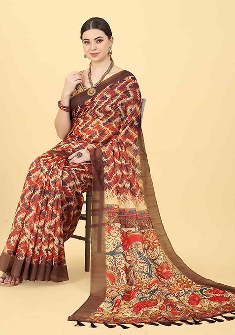 Brown Beige Digital Kalamkari Print Cotton Blend Saree Set