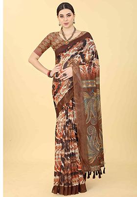 Dark Brown Digital Kalamkari Print Cotton Blend Saree Set