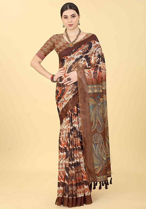 Dark Brown Digital Kalamkari Print Cotton Blend Saree Set