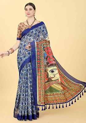 Berry Blue Digital Kalamkari Print Cotton Blend Saree Set