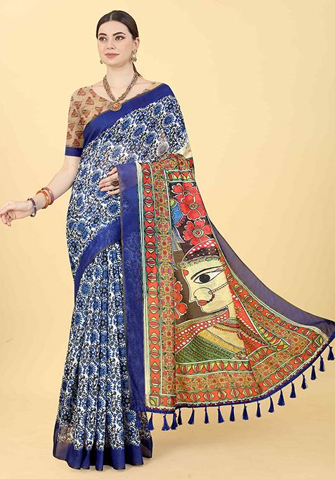 Berry Blue Digital Kalamkari Print Cotton Blend Saree Set