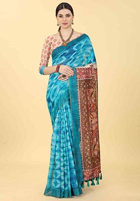 Cerulean Blue Kalamkari Print Cotton Blend Saree Set