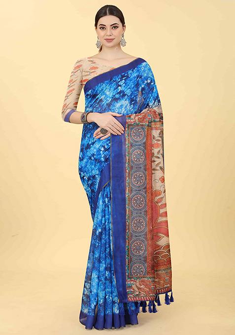 Cobalt Blue Kalamkari Print Cotton Blend Saree Set