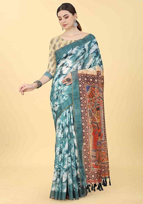 Teal Blue Kalamkari Print Cotton Blend Saree Set