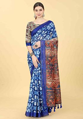 Azure Blue Kalamkari Print Cotton Saree Set