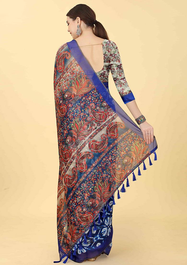 Azure Blue Kalamkari Print Cotton Saree Set - Indya