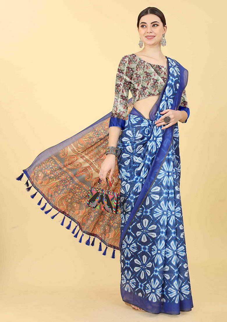 Azure Blue Kalamkari Print Cotton Saree Set - Indya