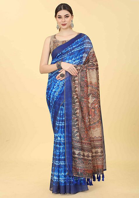 Berry Blue Kalamkari Print Cotton Blend Saree Set