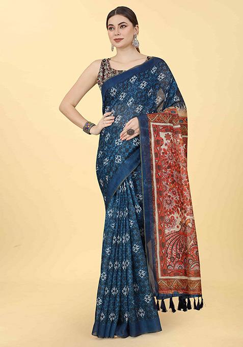 Aegean Blue Kalamkari Print Cotton Blend Saree Set