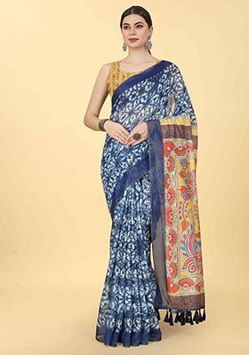 Indigo Blue Kalamkari Print Cotton Blend Saree Set