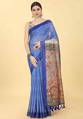 Blue Digital Print Cotton Blend Saree Set