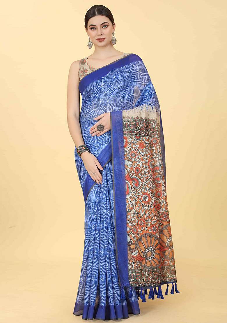 Blue Digital Print Cotton Blend Saree Set - Indya