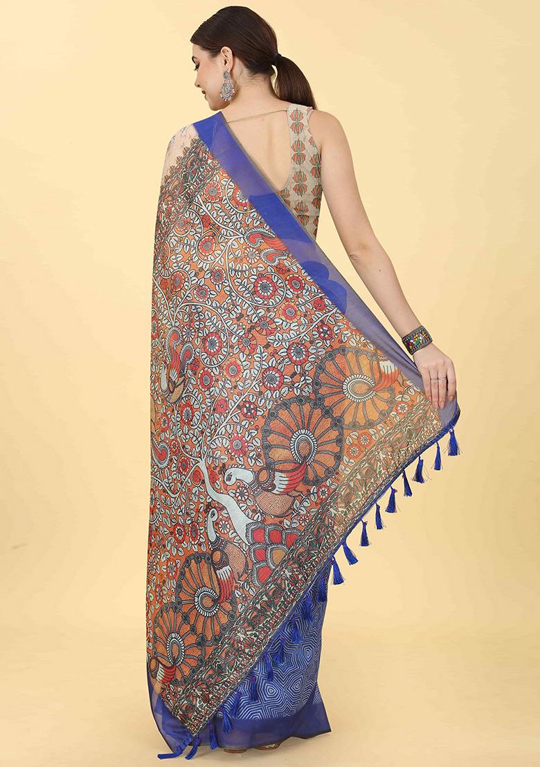 Blue Digital Print Cotton Blend Saree Set