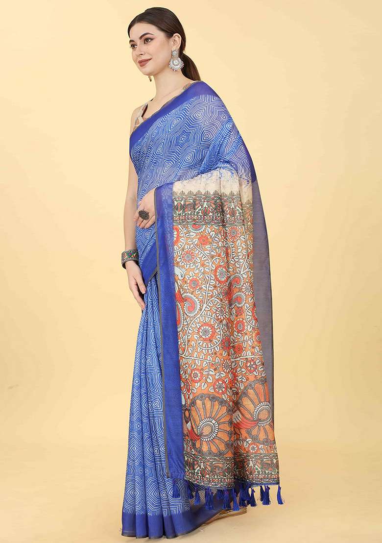 Blue Digital Print Cotton Blend Saree Set - Indya