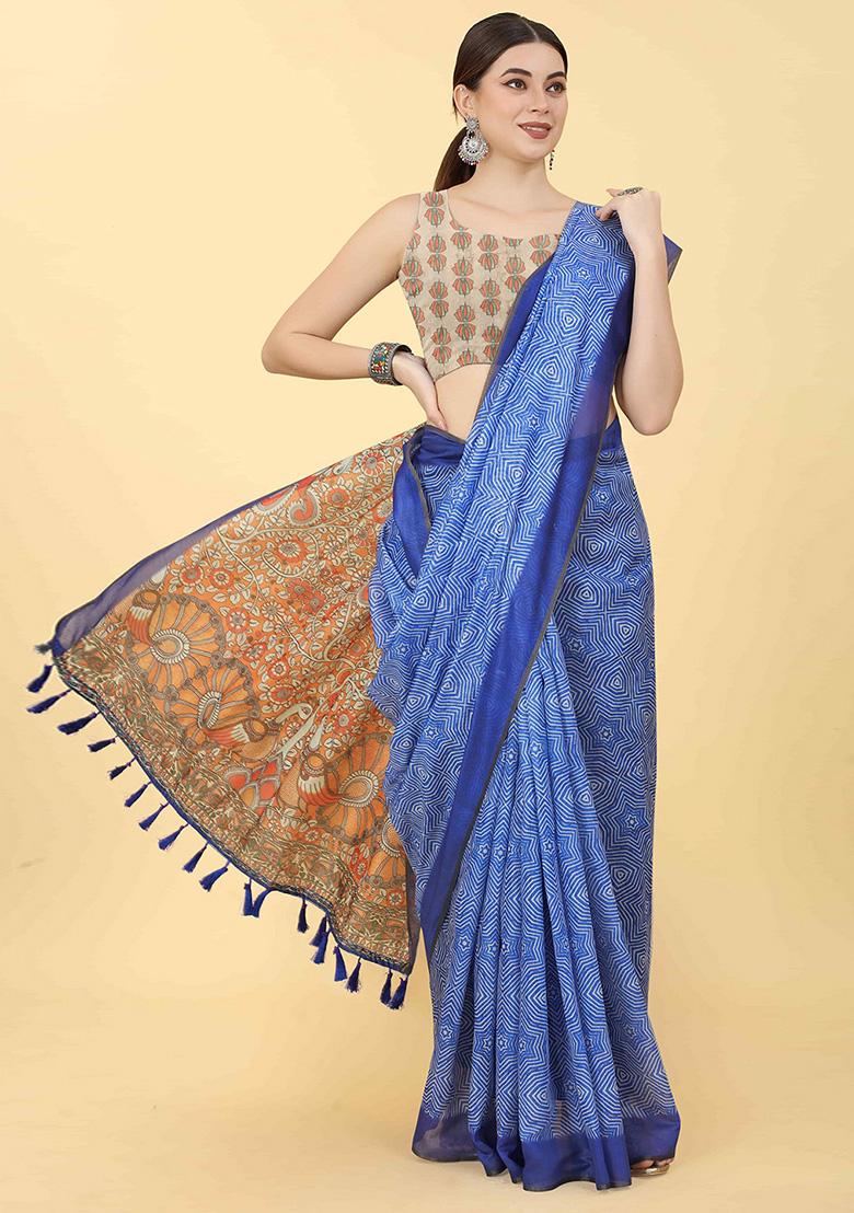 Blue Digital Print Cotton Blend Saree Set