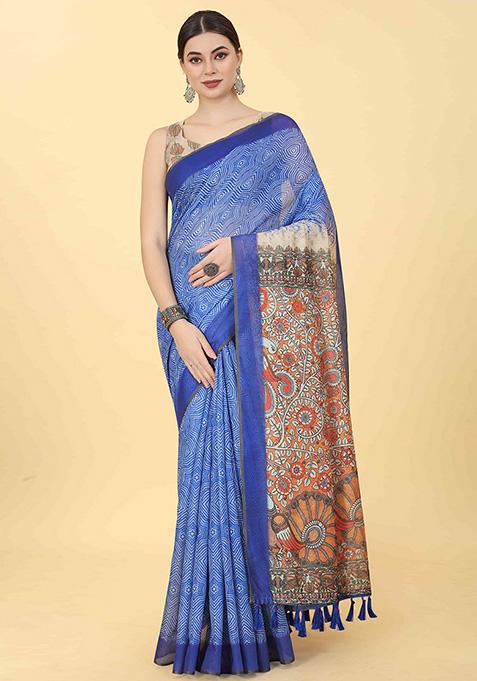 Blue Digital Print Cotton Blend Saree Set