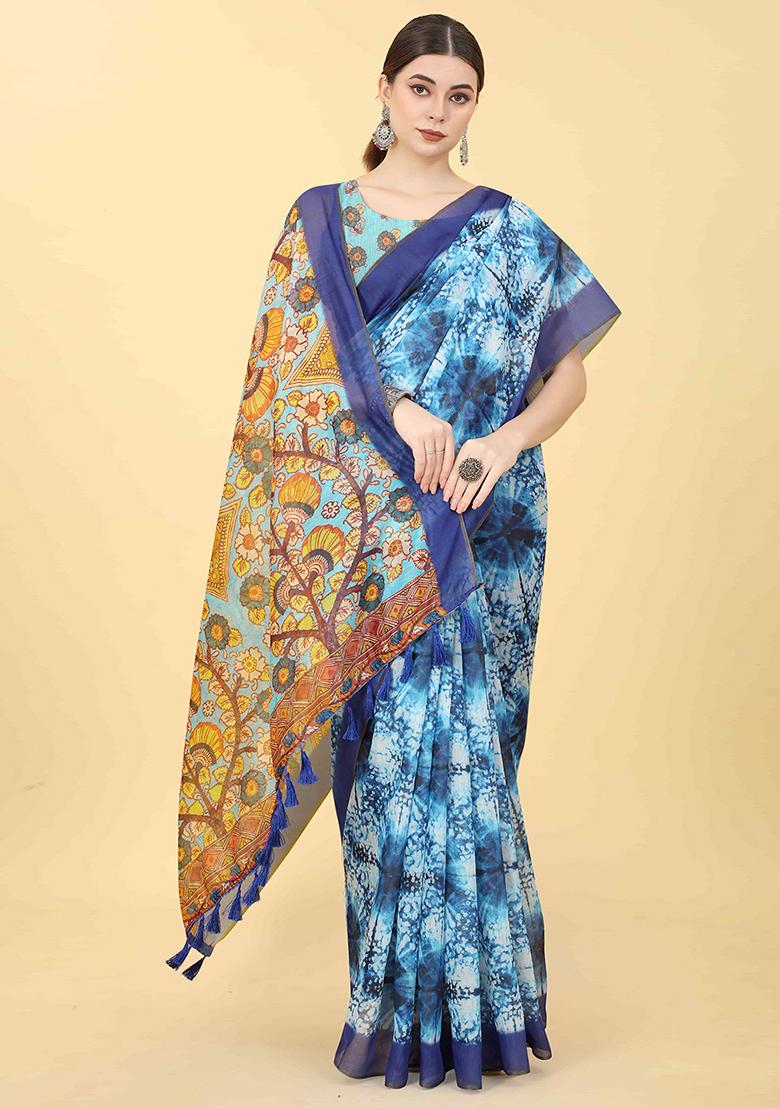 Indigo Blue Digital Kalamkari Print Cotton Blend Saree Set - Indya
