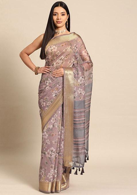 Cream Kalamkari Print Cotton Blend Saree Set