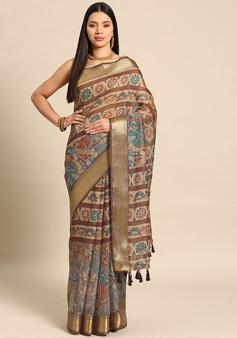 Dark Brown Kalamkari Print Cotton Blend Saree Set