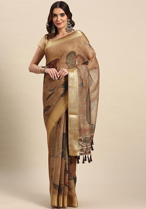 Light Brown Kalamkari Print Cotton Blend Saree Set